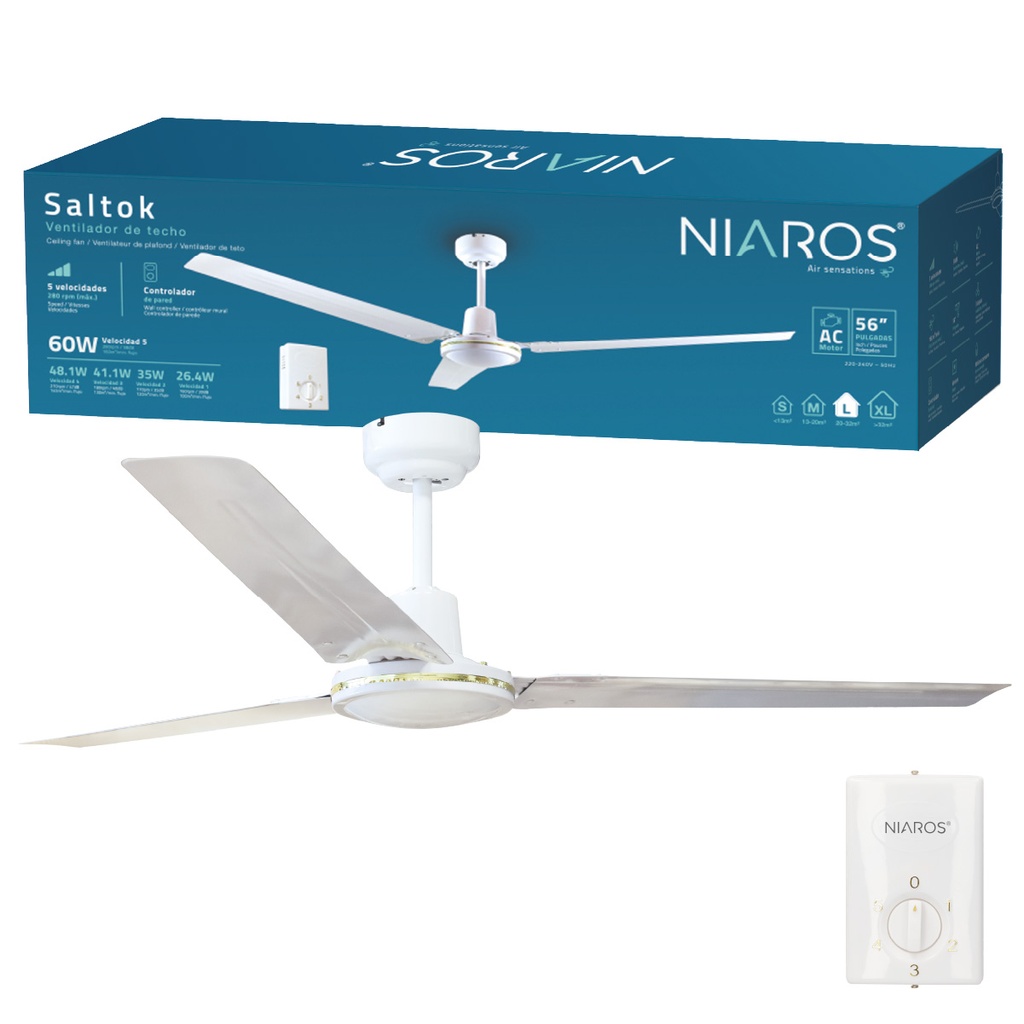 Ventilador techo Saltok con mando Ø132 3 aspas Blanco
