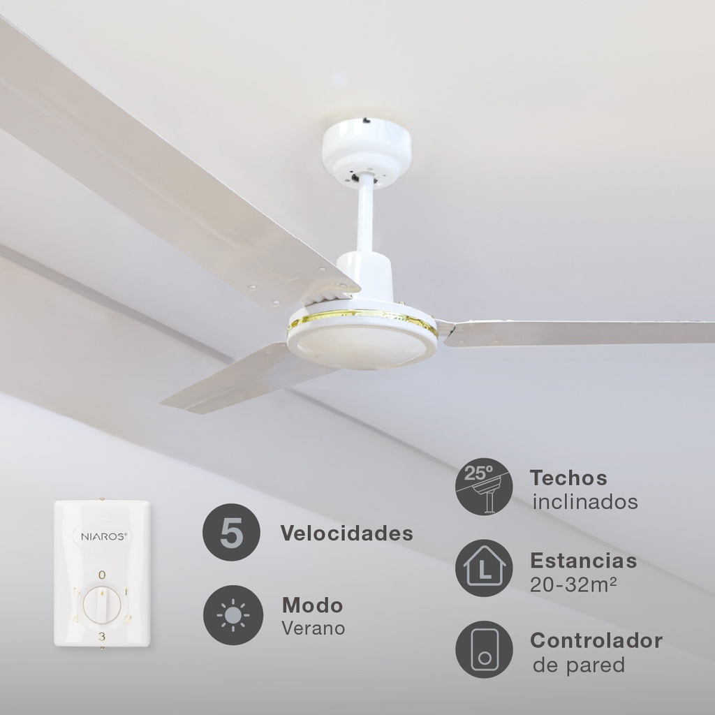 Ventilador techo Saltok con mando Ø132 3 aspas Blanco