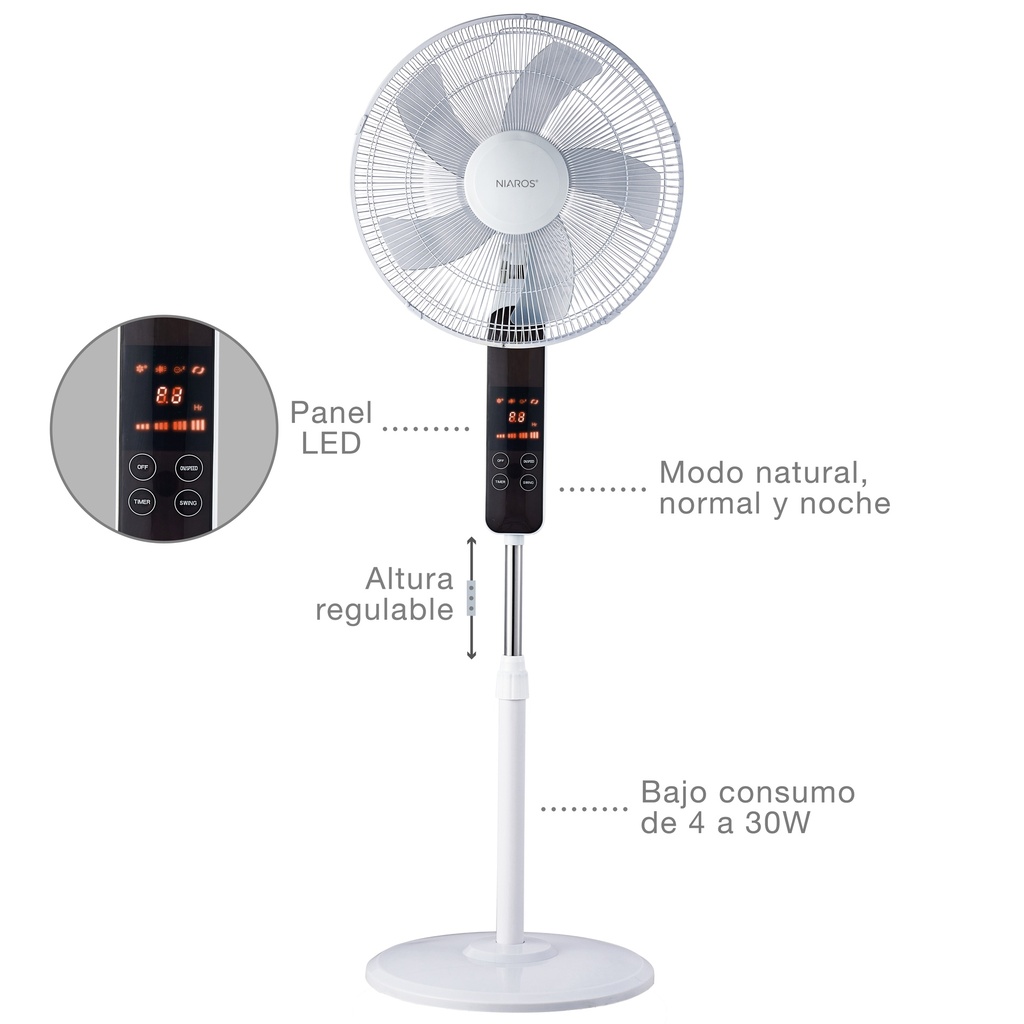 Ventilador de pie Tehri con mando y temporizador Ø43cm 30W motor DC Blanco