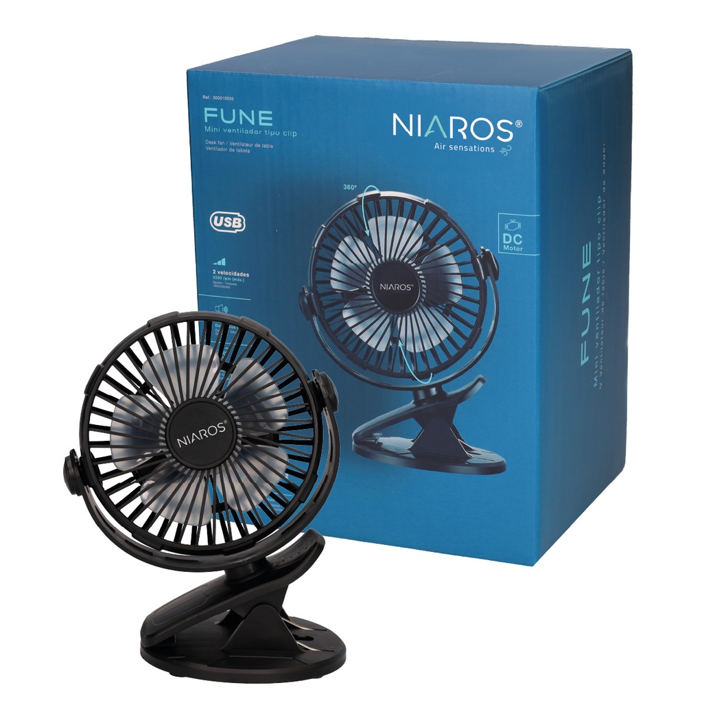 Mini ventilador USB tipo clip Fune 3W Negro