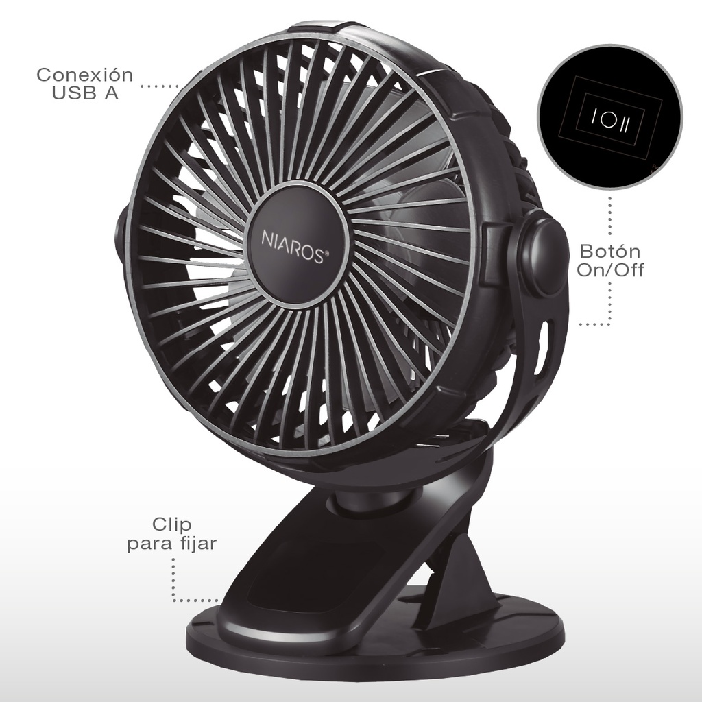 Mini ventilador USB tipo clip Fune 3W Negro