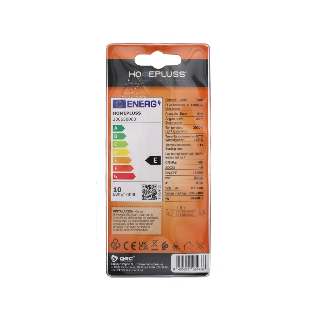 Bombilla LED lineal 118mm 10W R7s 3000K - 6u retráctil