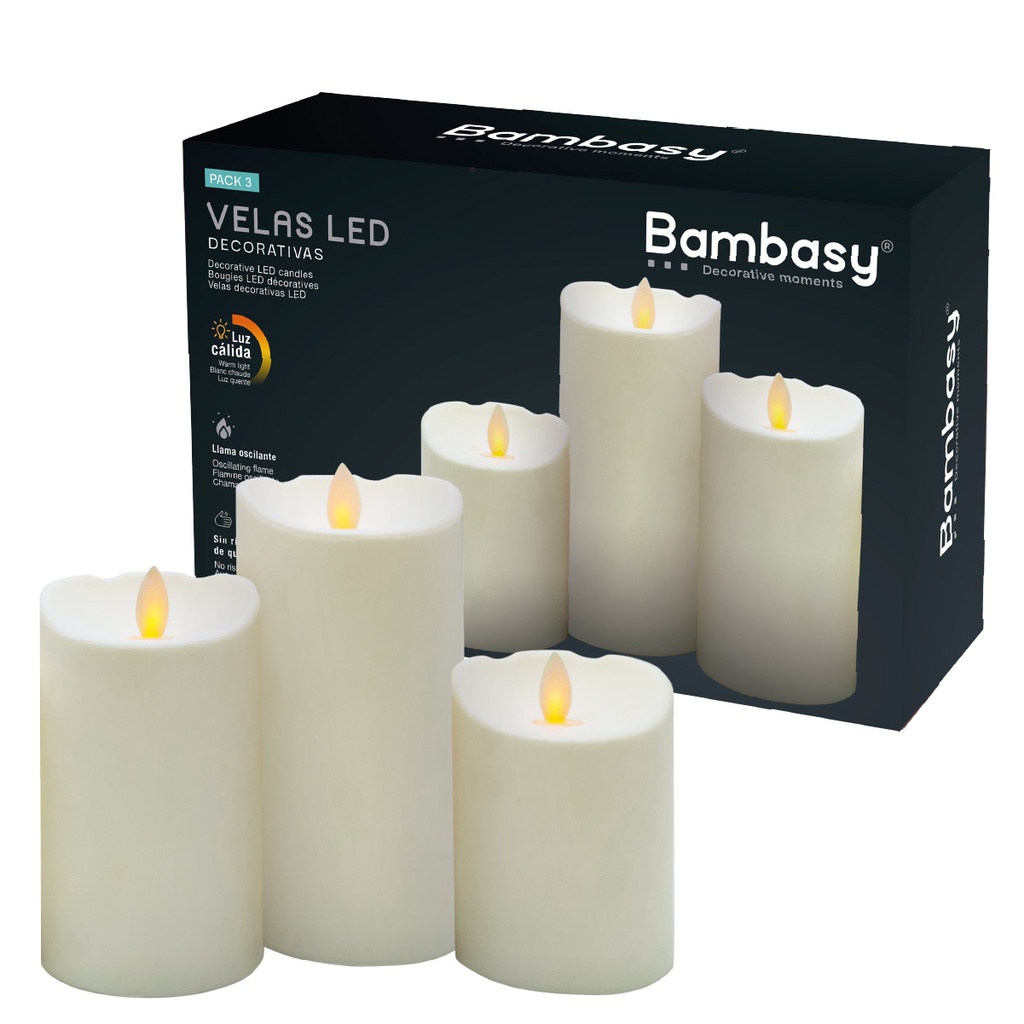 Pack 3 velas decorativas LED de cera 100 - 120 - 150mm Blanco