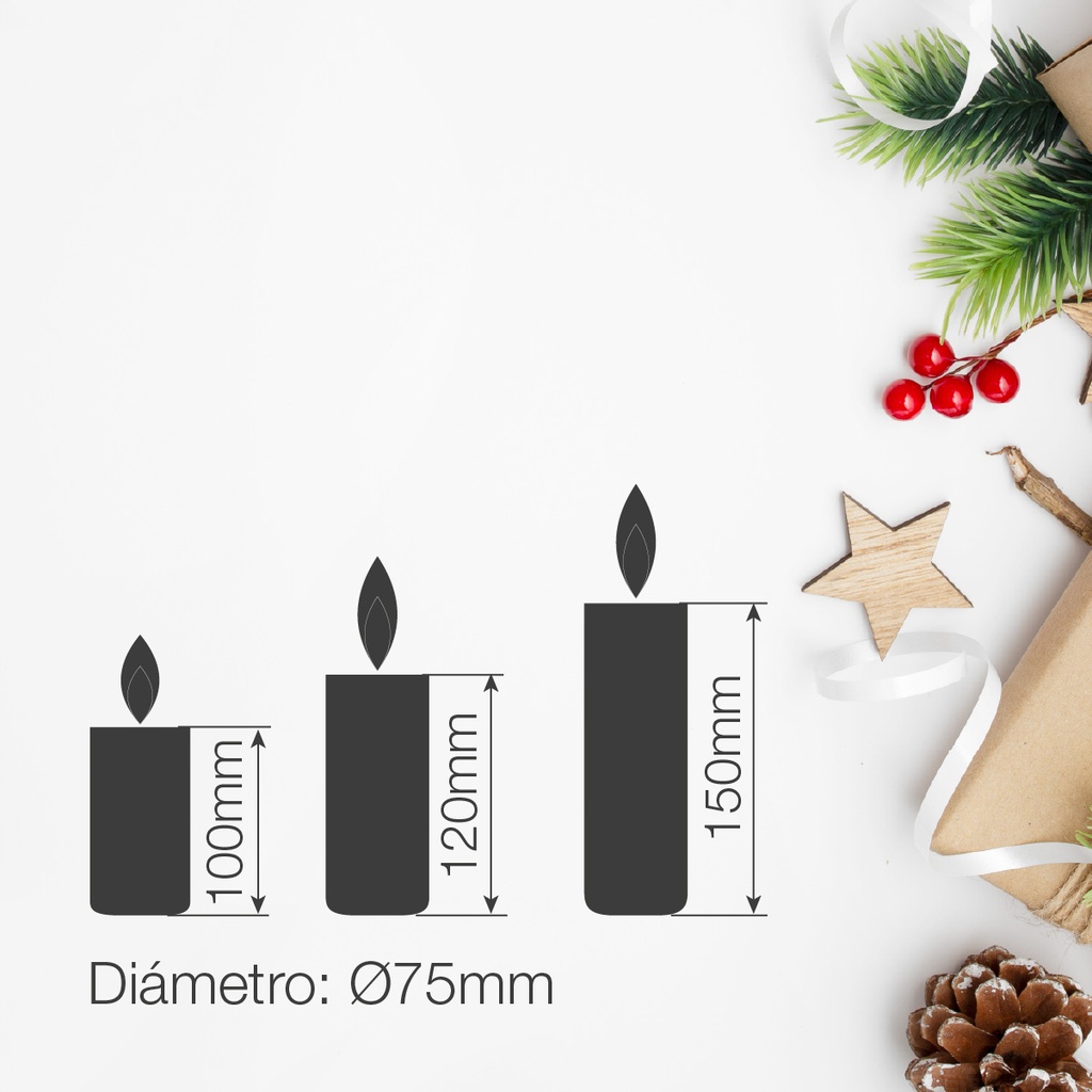 Pack 3 velas decorativas LED de cera 100 - 120 - 150mm Blanco