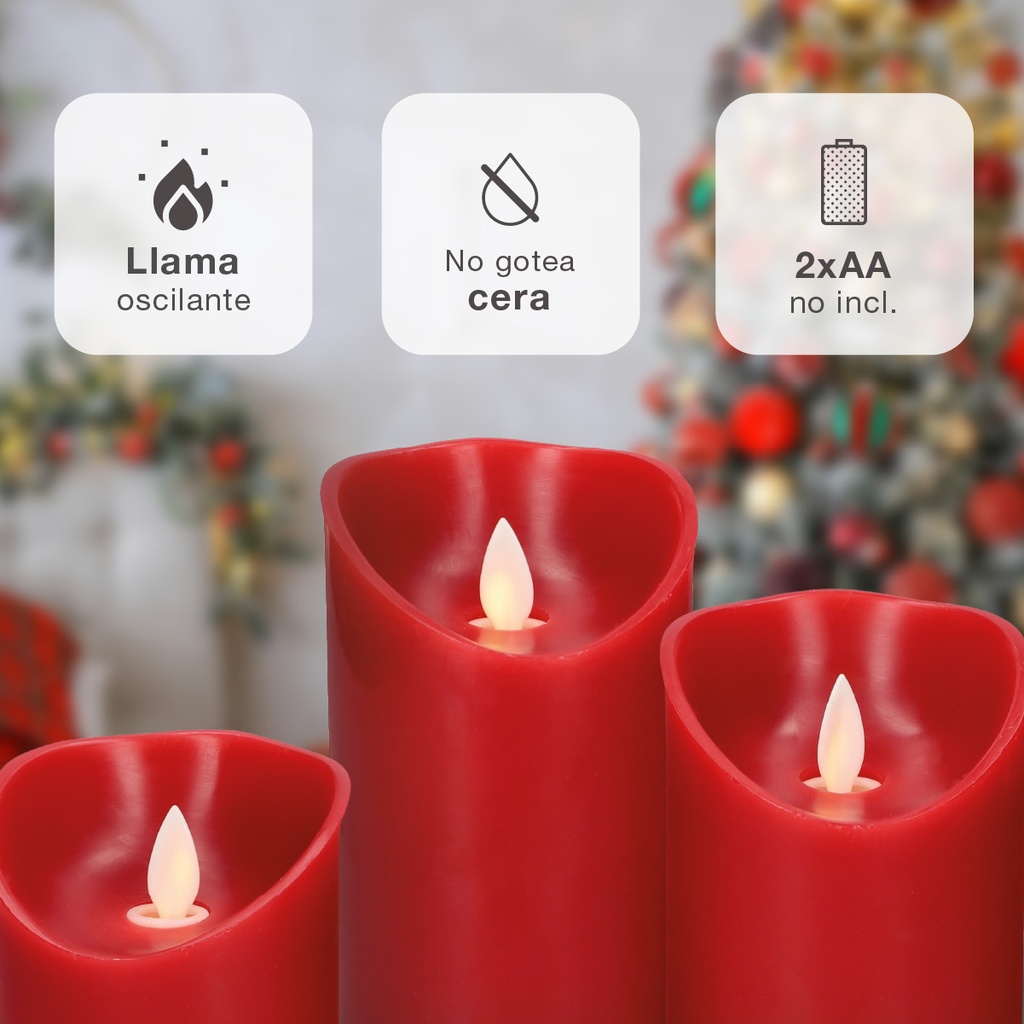 Pack 3 velas decorativas LED de cera 100 - 120 - 150mm Rojo