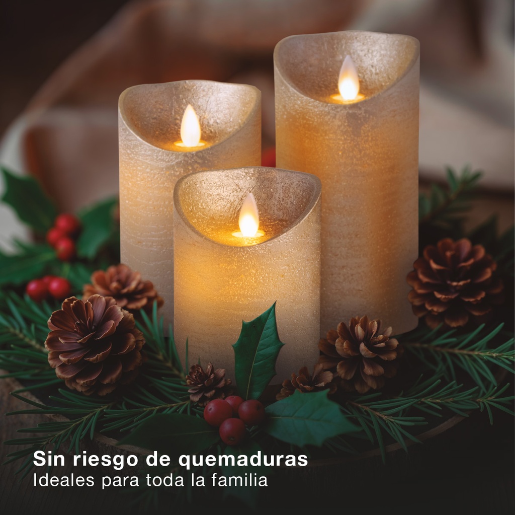 Pack 3 velas decorativas LED de cera 100 - 120 - 150mm Dorado