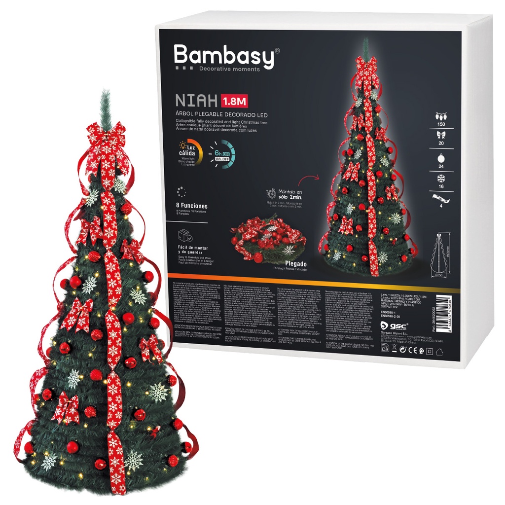 Árbol de navidad plegable decorado con luces Niah 1,8M