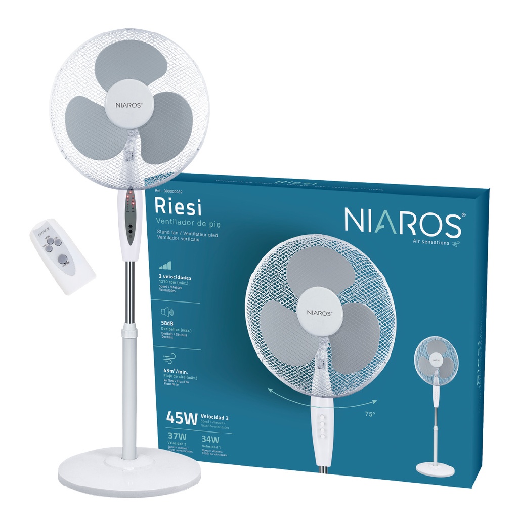 Ventilador de pie Riesi con mando y temporizador Ø43cm 45W Blanco
