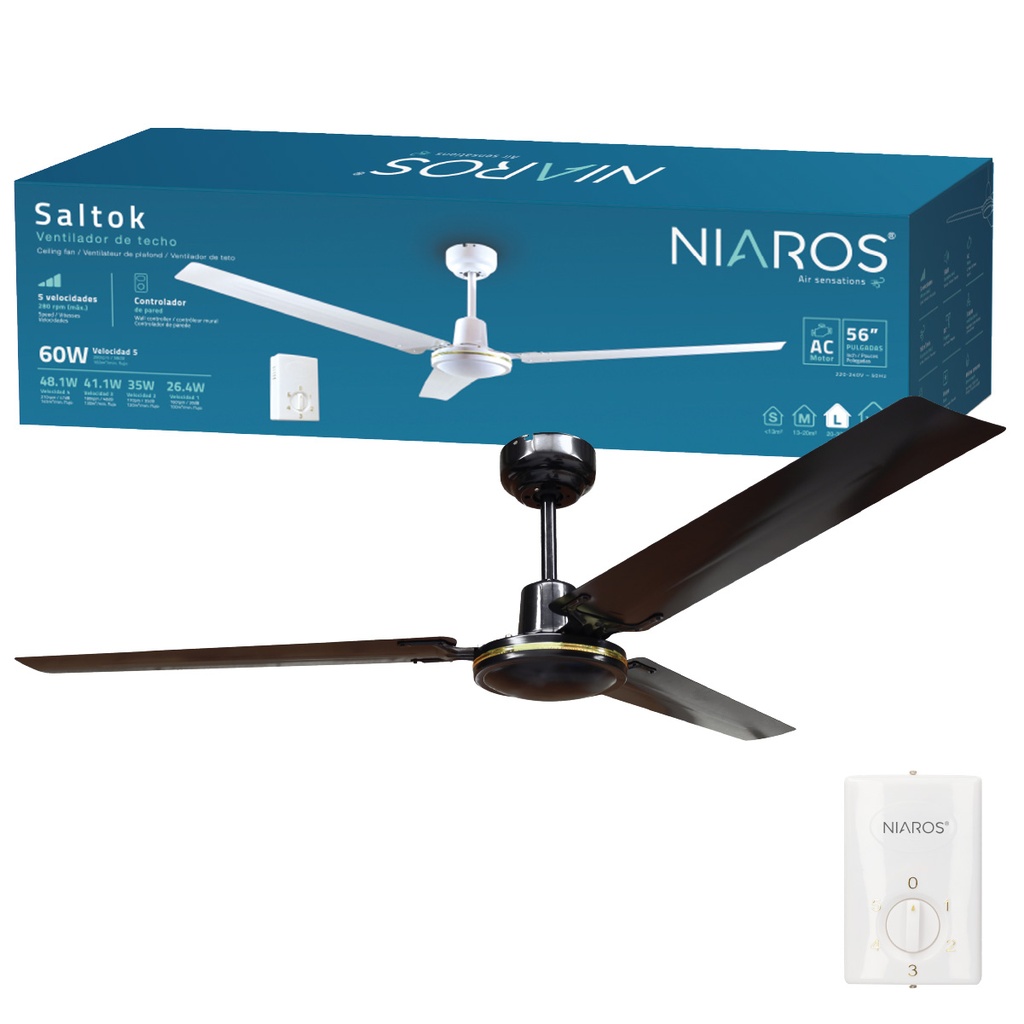 Ventilador techo Saltok con mando Ø142 3 aspas Negro