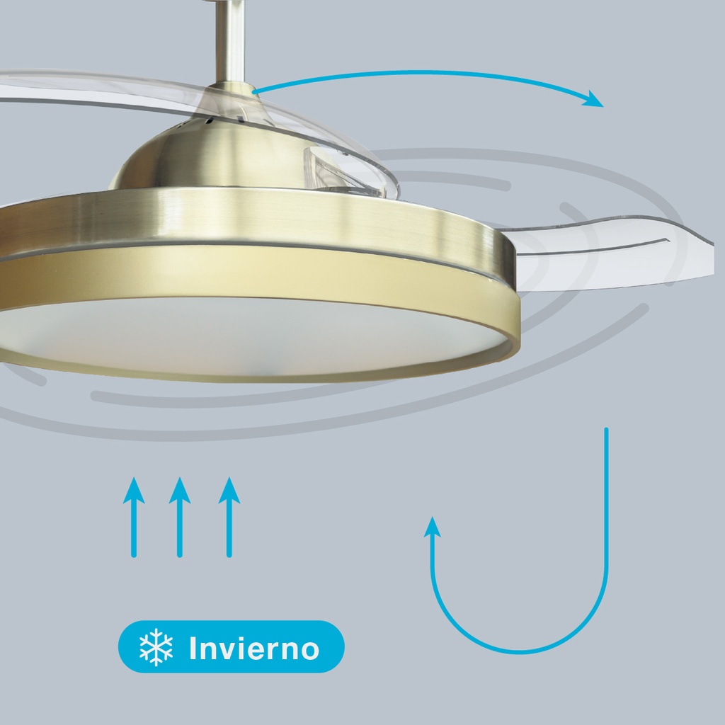 Ventilador techo Lugela con luz CCT regulable y mando Ø107 3 aspas retráctiles DC Dorado