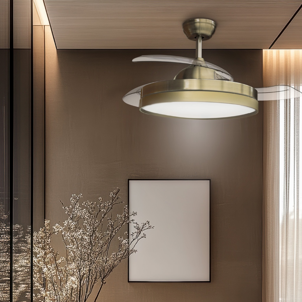 Ventilador techo Lugela con luz CCT regulable y mando Ø107 3 aspas retráctiles DC Dorado