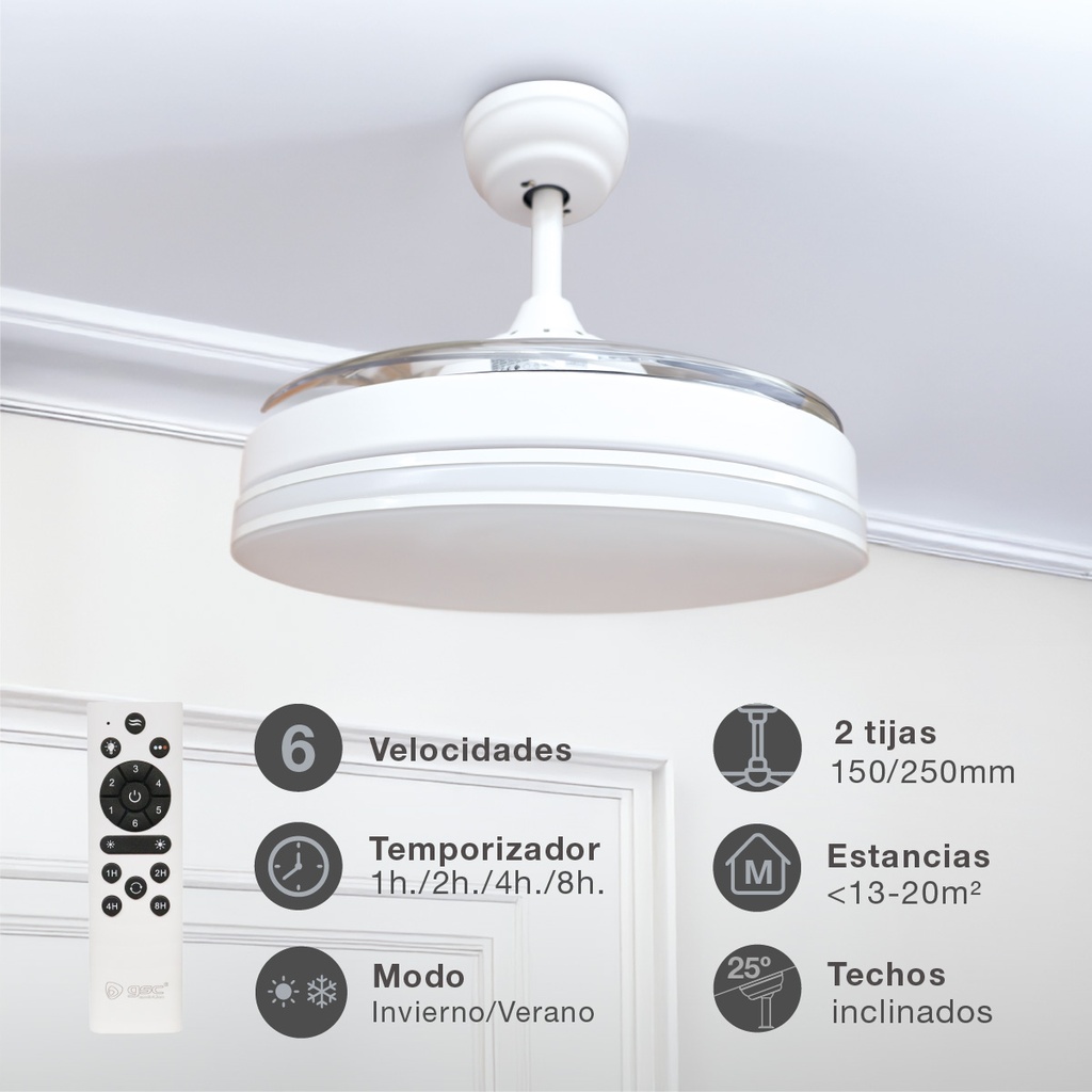Ventilador techo Oliveri con luz CCT regulable y mando Ø107 3 aspas retráctiles DC Blanco