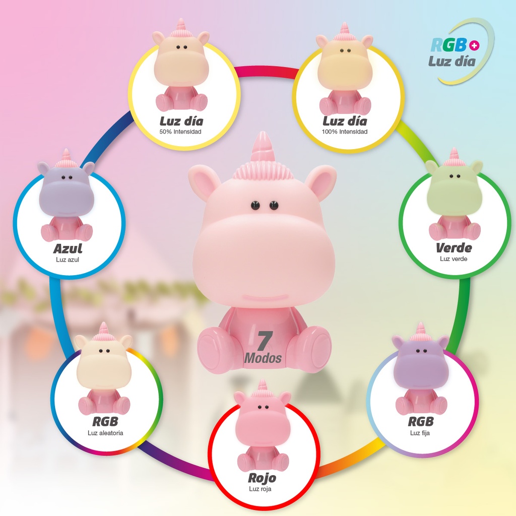 Luz de noche infantil LED Unicornio 5W RGB + luz día con altavoz y batería Rosa 