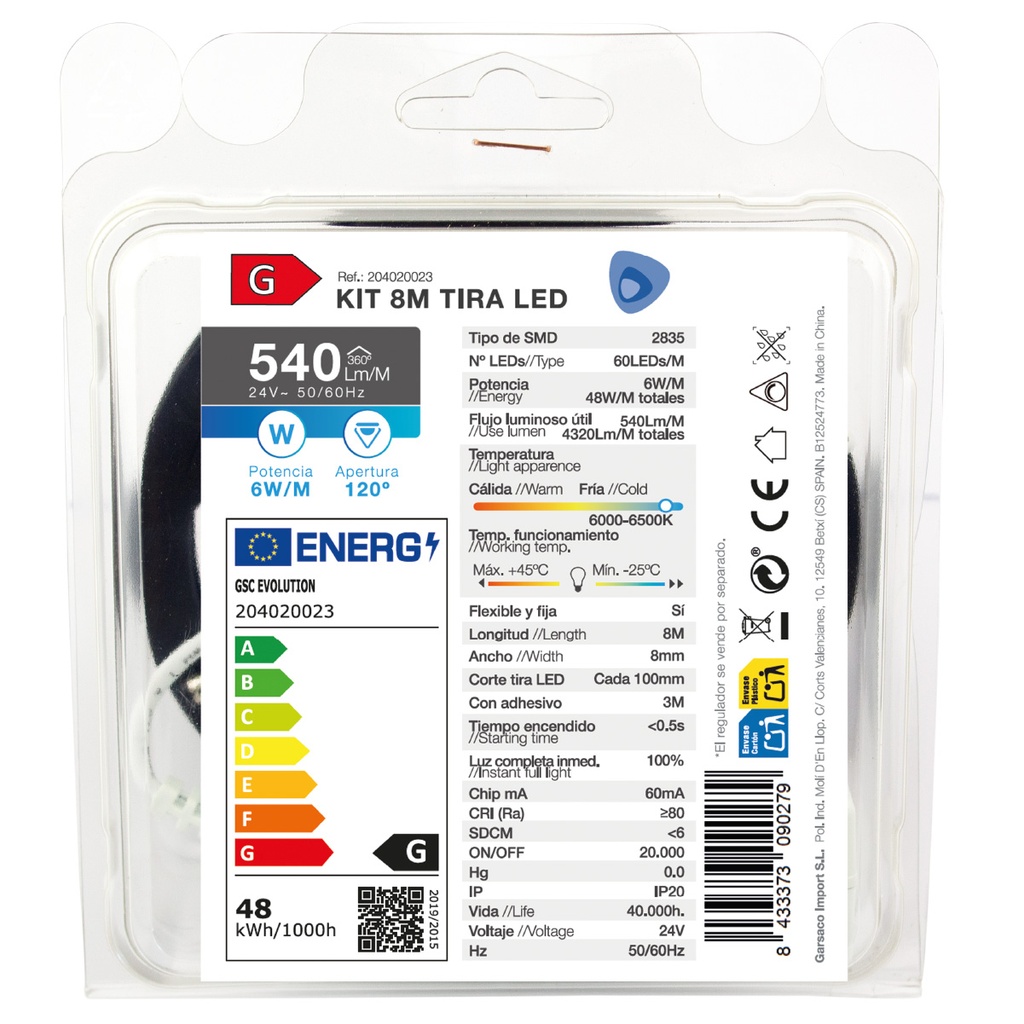 Kit 8M Tira de LED 6W/M IP20 6000K-6500K preparado