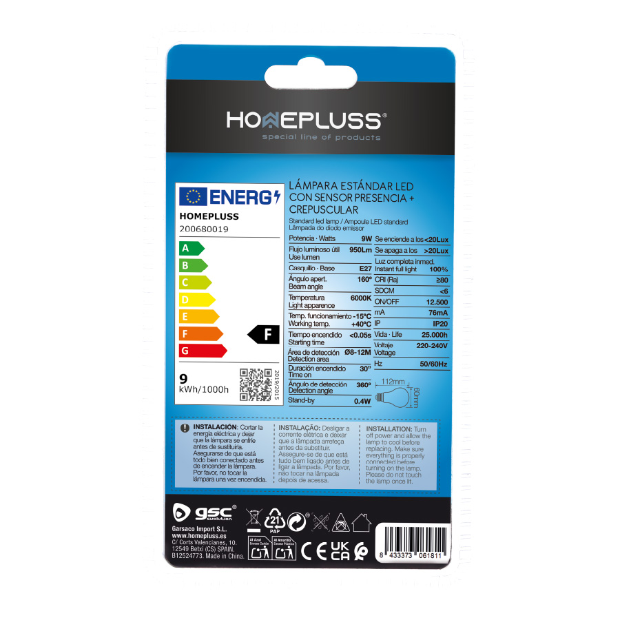Bombilla LED estándar con sensor presencia + crepuscular 9W E27 6000K - 8u caja exp