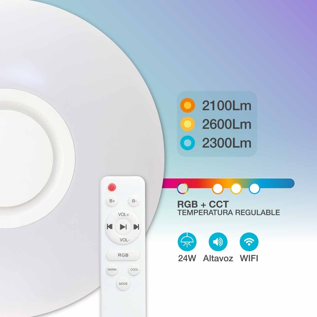 Plafón techo Paris con altavoz 24W RGB 3000-6500K regulable