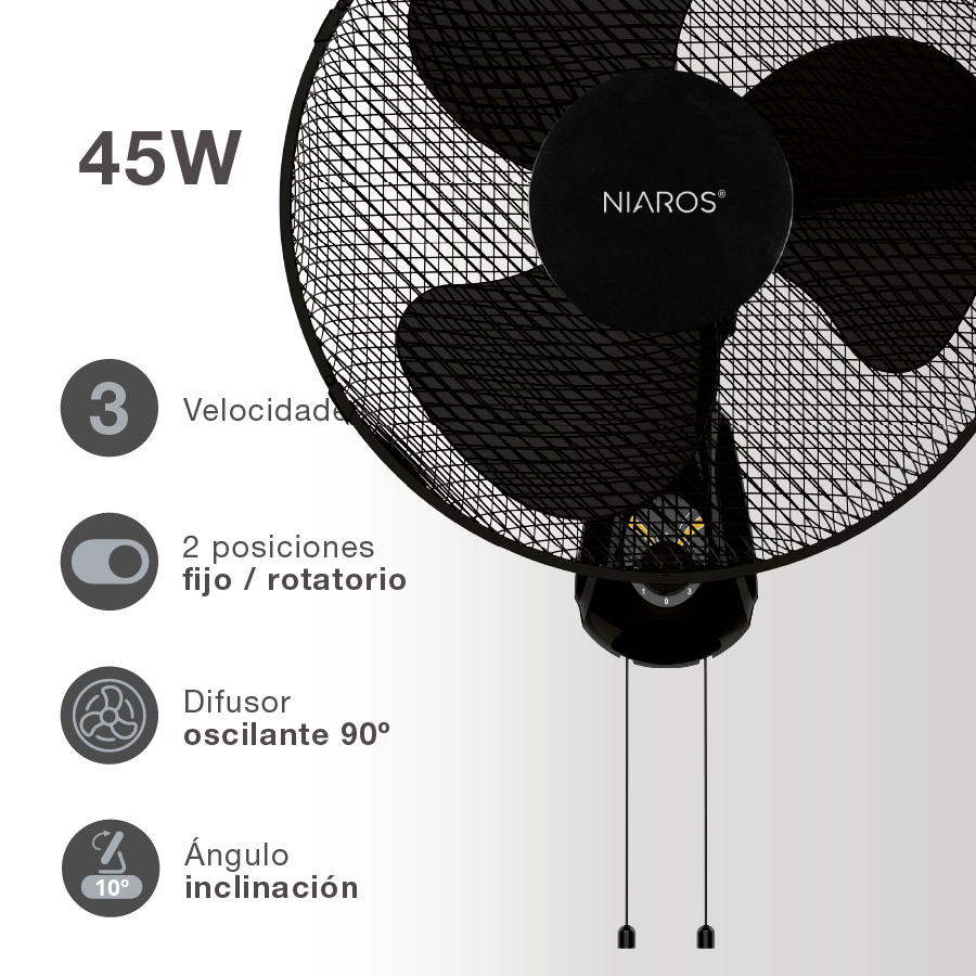 Ventilador de pared Toleni Ø43cm 45W Negro