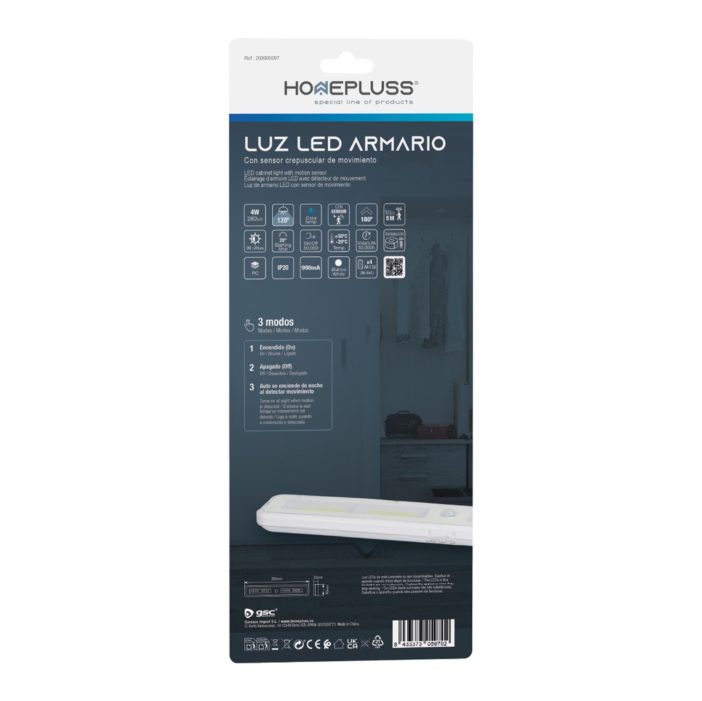 Luz de armario LED con sensor de movimiento 4W 6000K