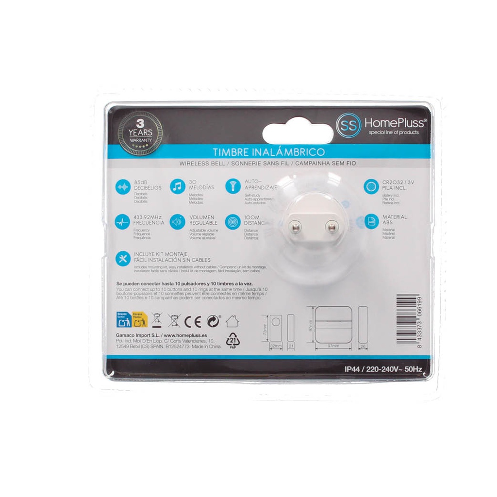 Timbre inalámbrico con pulsador a pilas 85dB - 10u caja exp