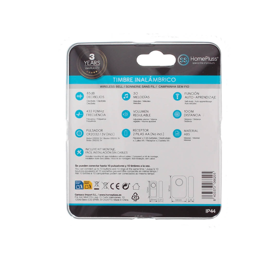 Timbre inalámbrico a pilas 85dB - 10u caja exp