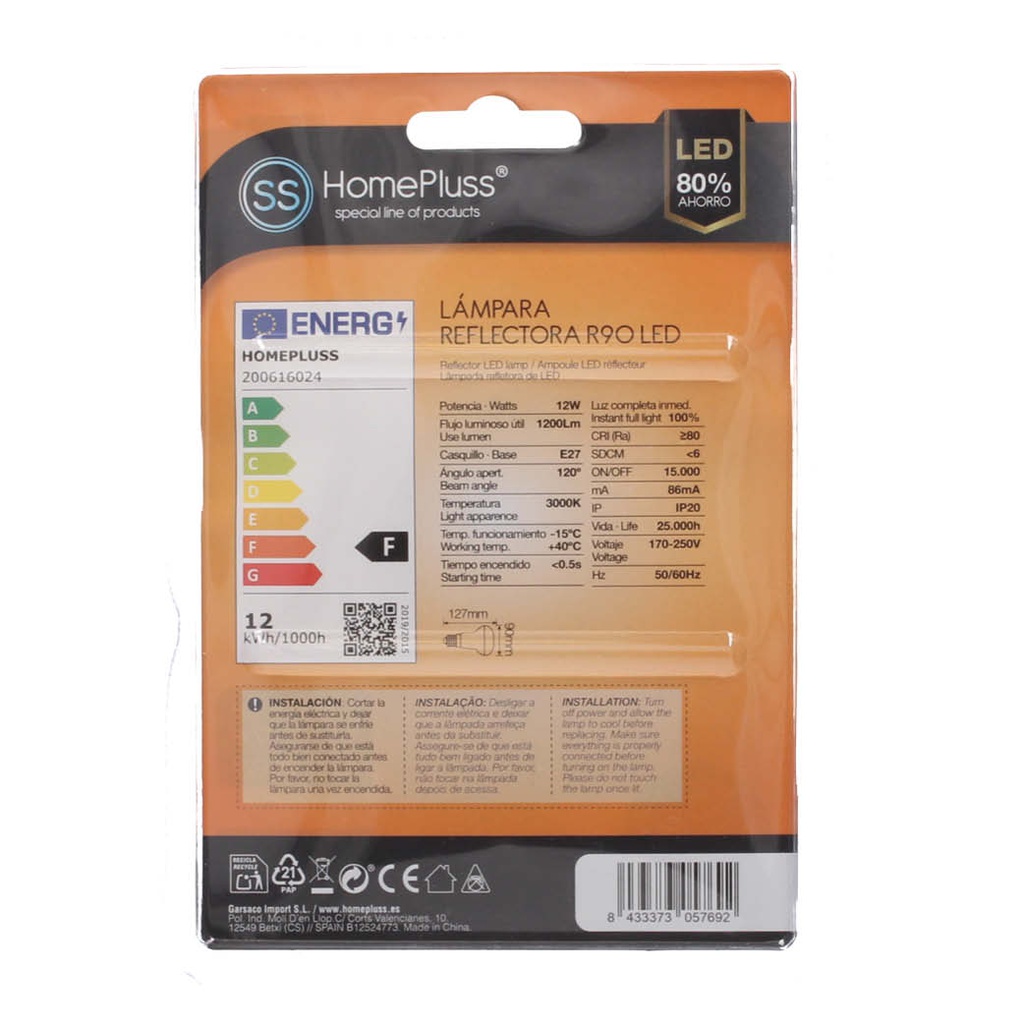 Lámpara LED reflectora R90 12W E27 3000K - 6u caja exp