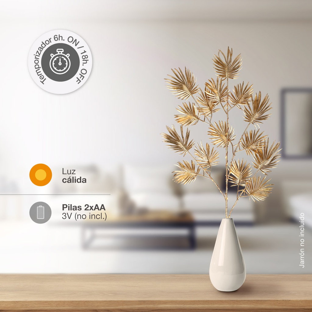 Rama decorativa LED de hojas palmito doradas 0,75M Luz cálida