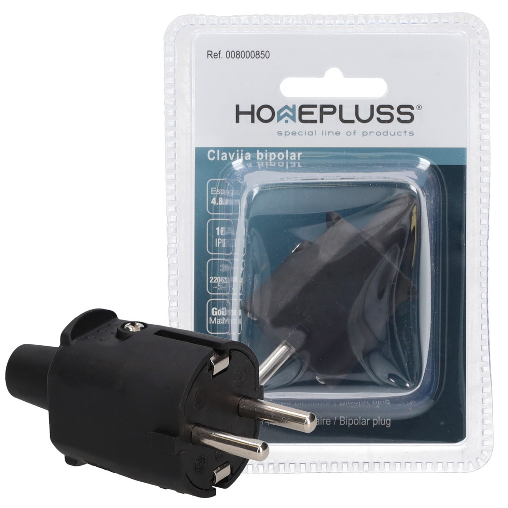 Clavija bipolar e.cable recta 4.8mm Negro-10u caja