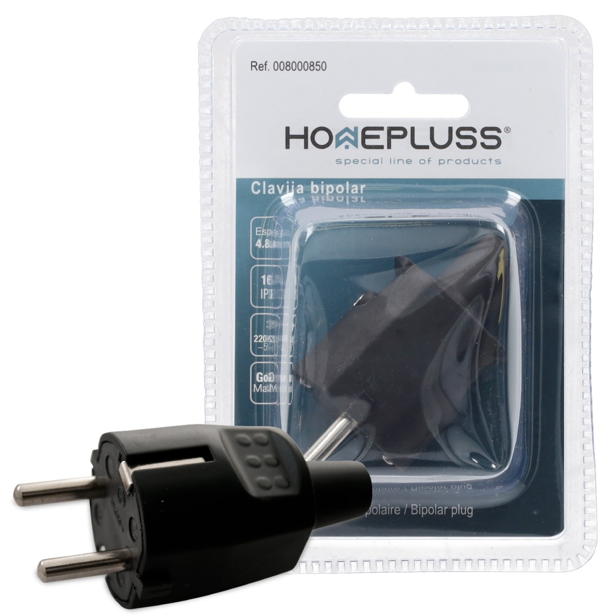 Clavija bipolar e.cable recta 4.8mm Negro-10u caja