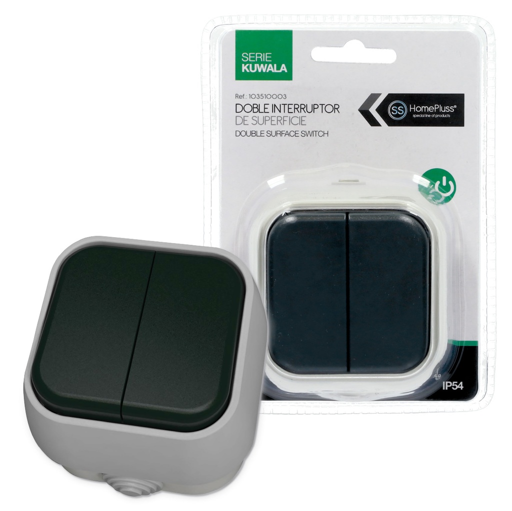 Interruptor duplo de superfície IP54 Negro – 6 un. caixa exp