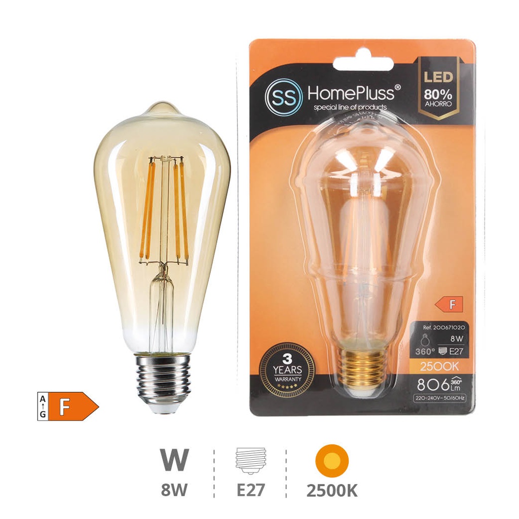 Bombilla LED pera filamento Gold 8W E27 2500K - 6u caja exp