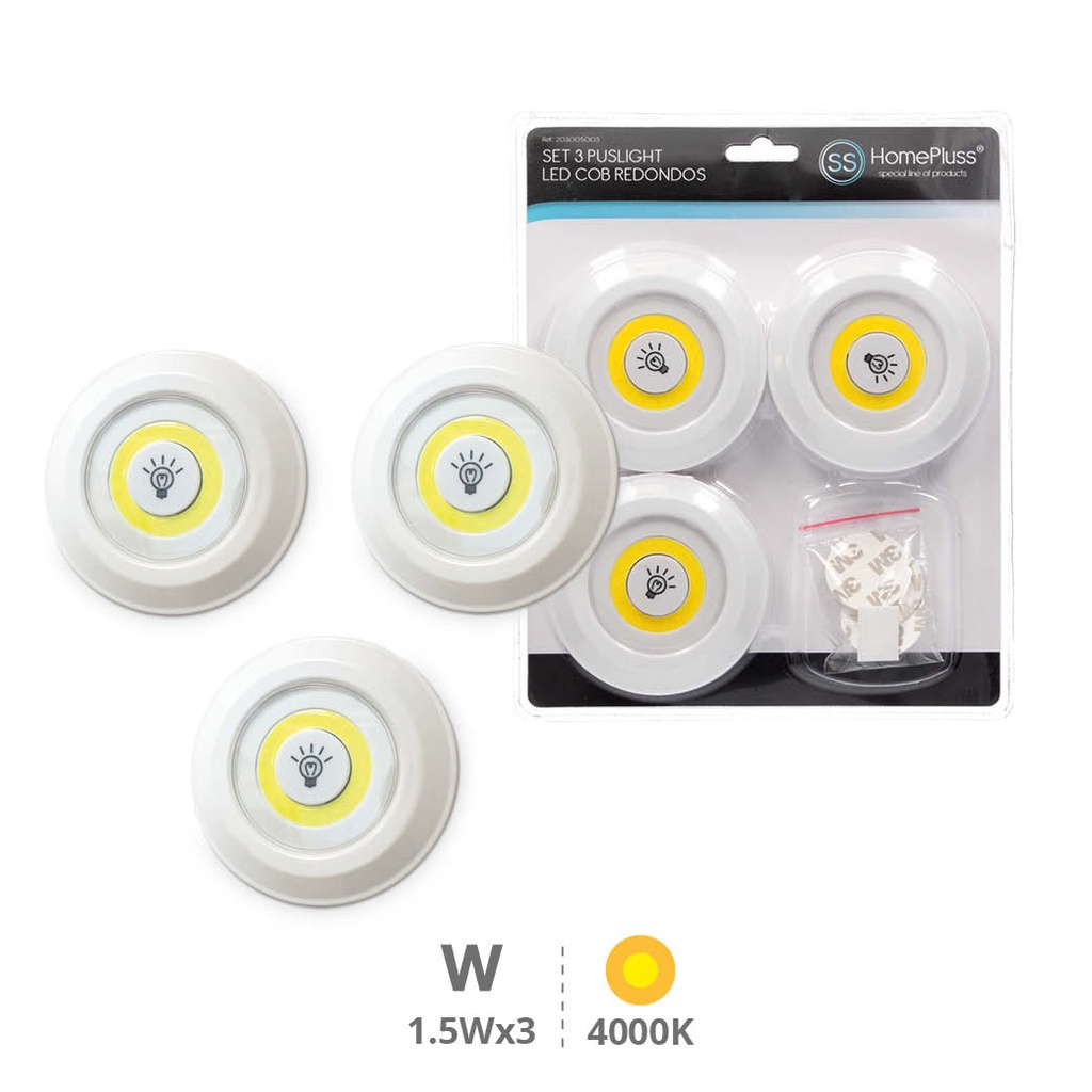 Pack 3 Push-light LED COB redondo 80 lm