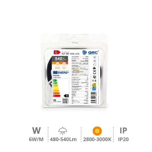 Kit 5M Tira de LED 6W/M IP20 2800K-3200K preparado