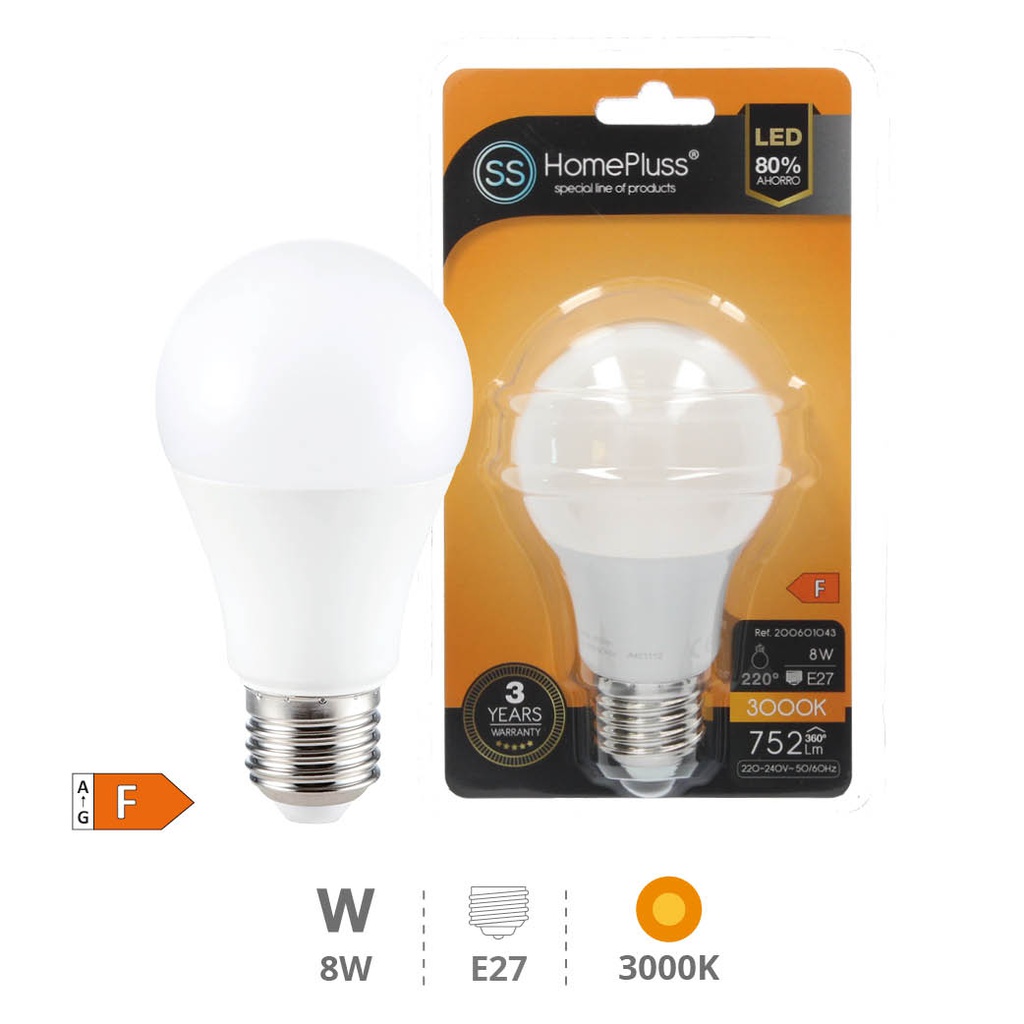 Bombilla LED estándar 8W E27 3000K - 8u caja exp 