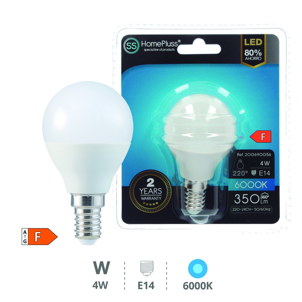 Bombilla LED esférica 4W E14 6000K - 12u caja exp