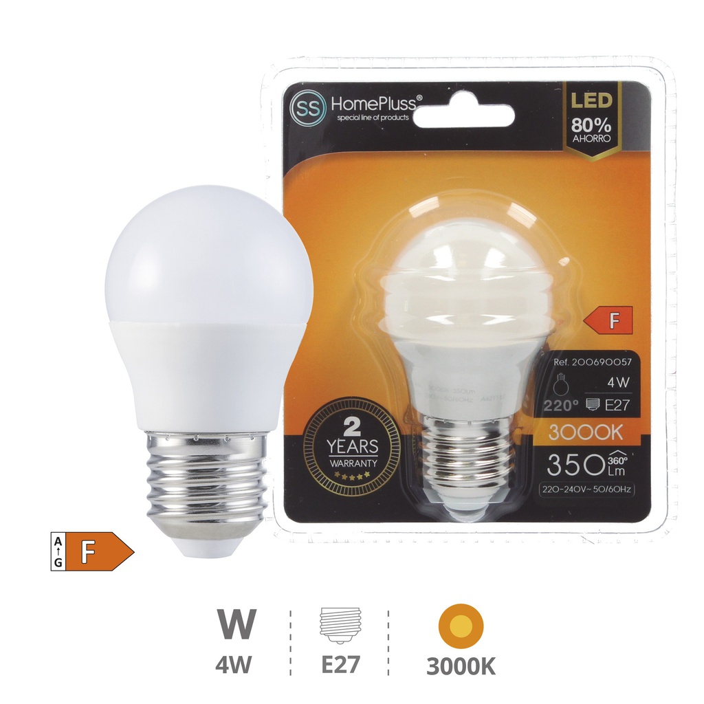 Bombilla LED esférica 4W E27 3000K - 12u caja exp