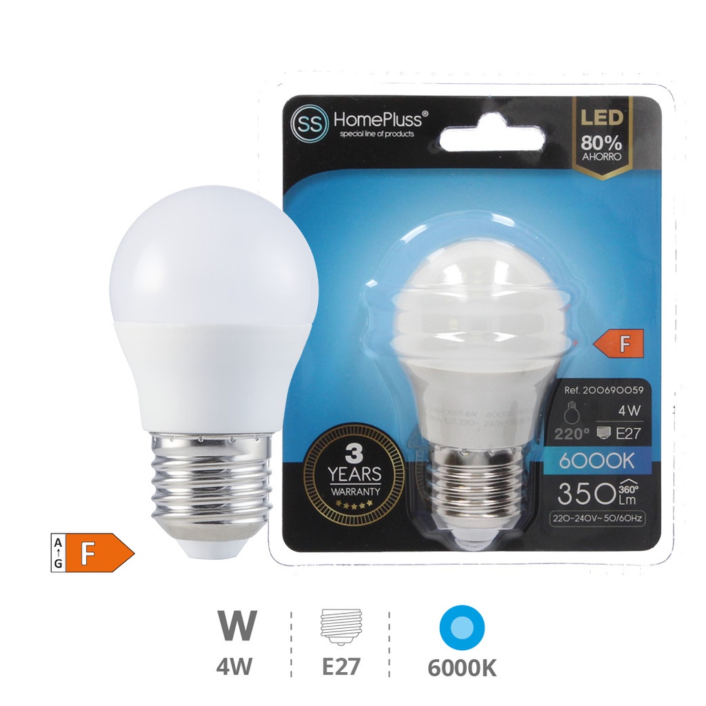 Bombilla LED esférica 4W E27 6000K - 12u caja exp