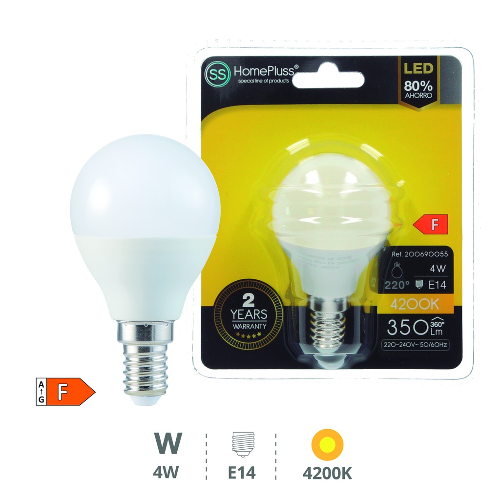 Bombilla LED esférica 4W E14 4200K - 12u caja exp