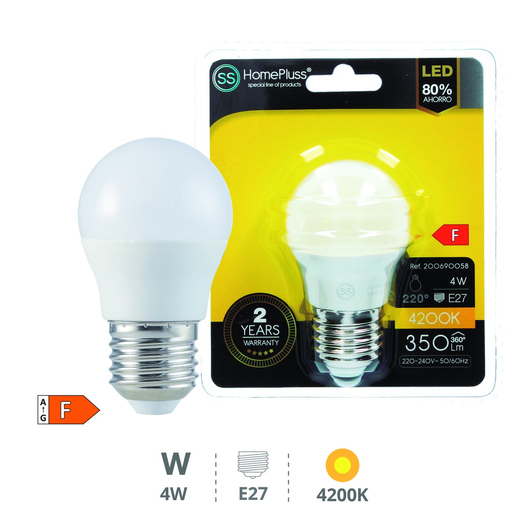 Bombilla LED esférica 4W E27 4200K - 12u caja exp