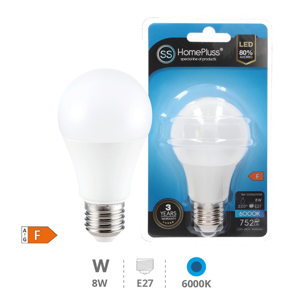 Bombilla LED estándar 8W E27 6000K - 8u caja exp 