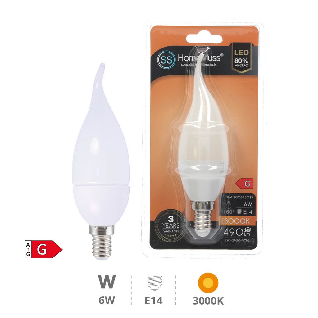 Bombilla LED vela soplo viento 6W E14 3000K - 12u caja exp