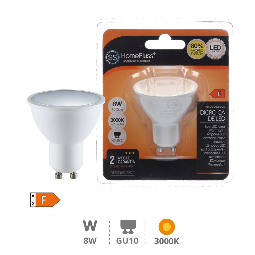 Bombilla LED dicroica 8W GU10 3000K - 12u caja exp