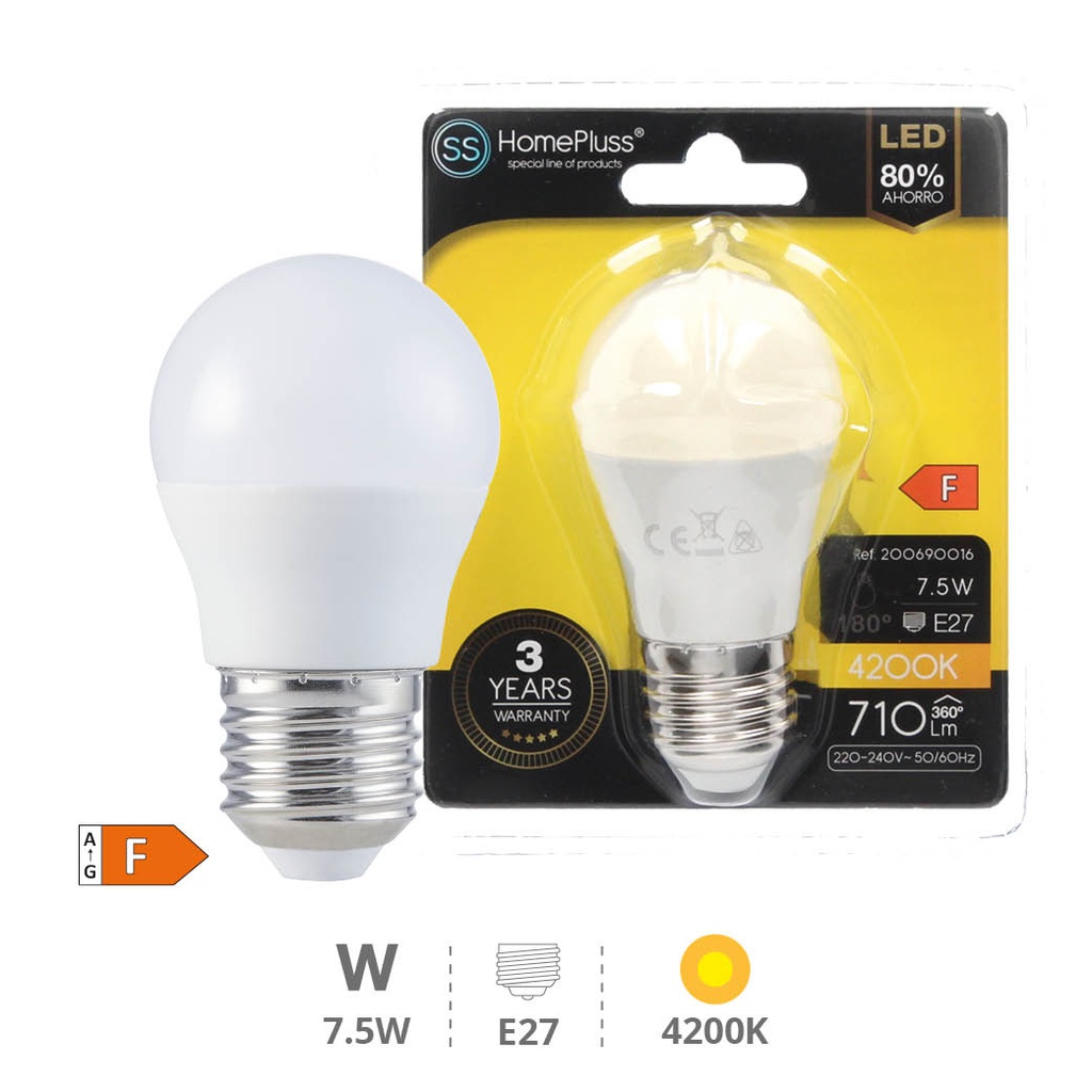 Bombilla LED esférica 7,5W E27 4200K - 12u caja exp
