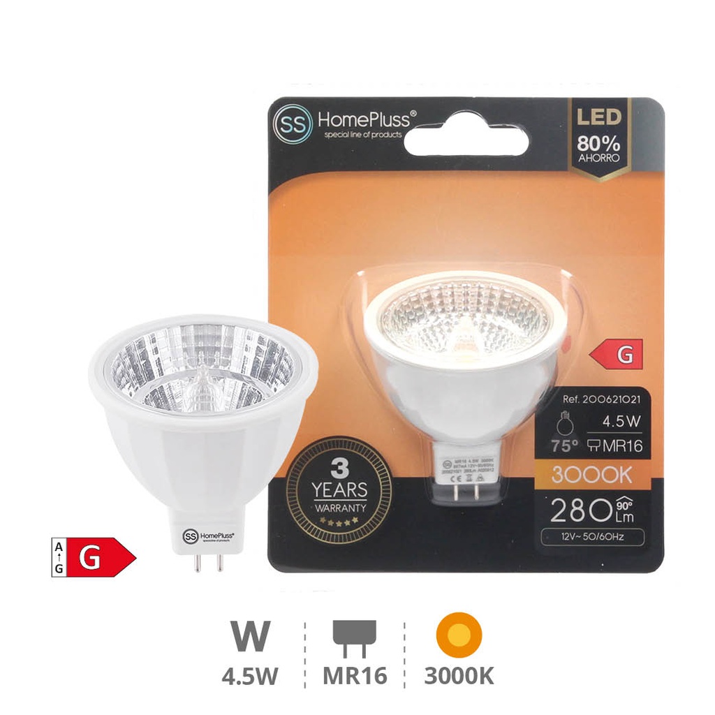 Lâmpada LED COB dicroica 4,5 W MR16 3000 K – 12 un. caixa exp