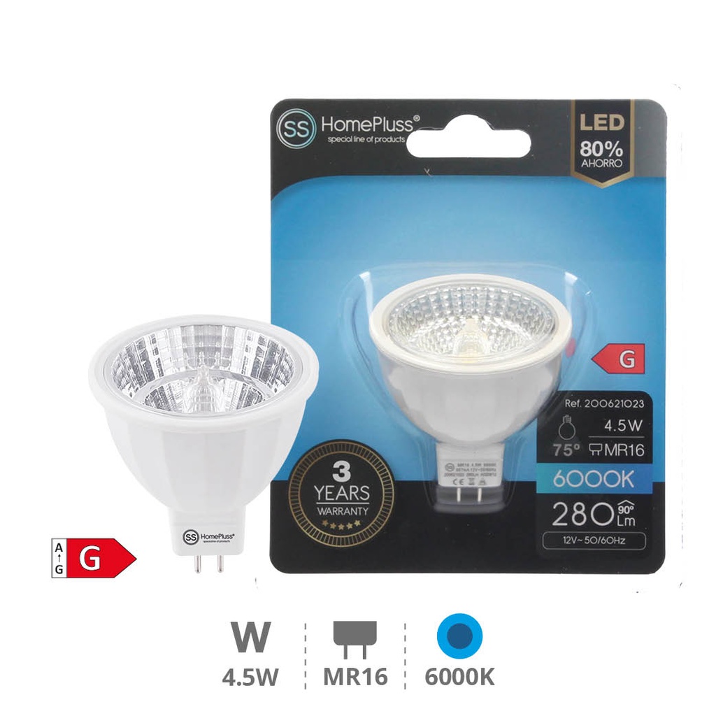 Bombilla LED COB dicroica 4,5W MR16 6000K - 12u caja exp