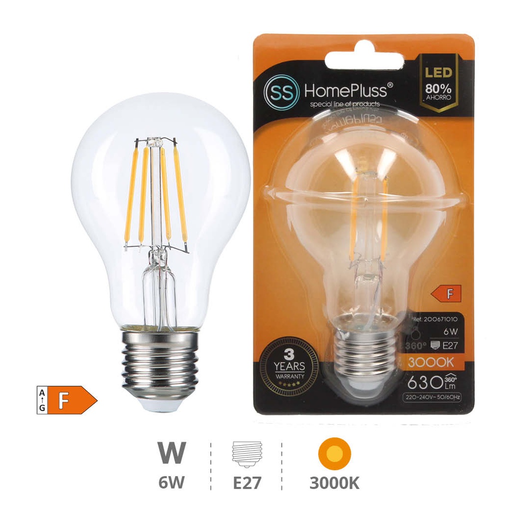 Bombilla LED estándar filamento 6W E27 3000K - 8u caja exp