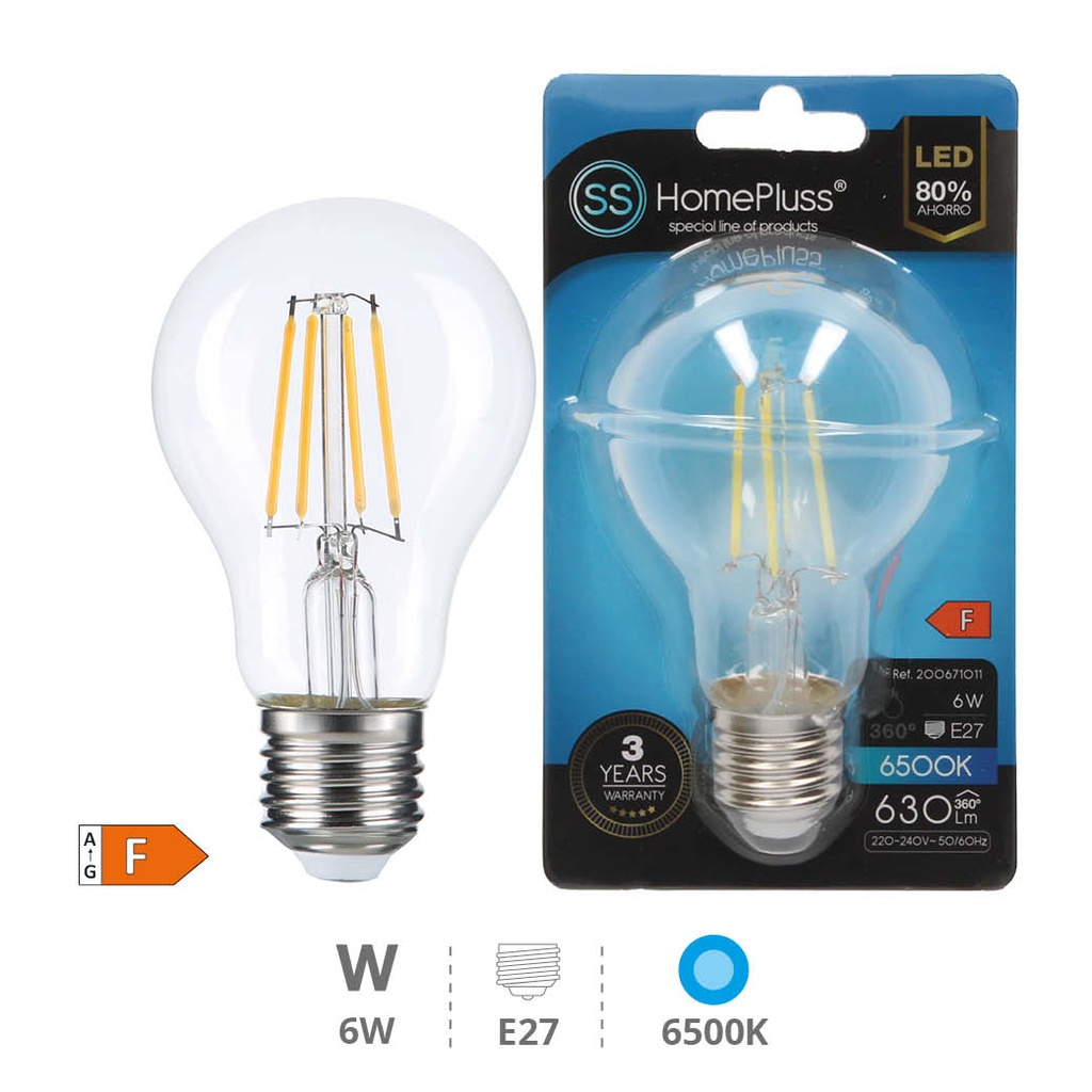 Bombilla LED estándar filamento 6W E27 6500K - 8u caja exp