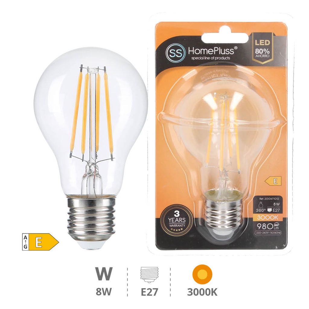 Bombilla LED estándar filamento 8W E27 3000K - 8u caja exp
