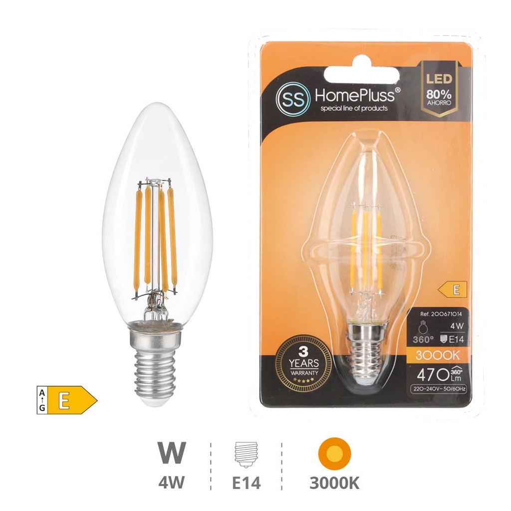 Bombilla LED vela filamento 4W E14 3000K - 12u caja exp