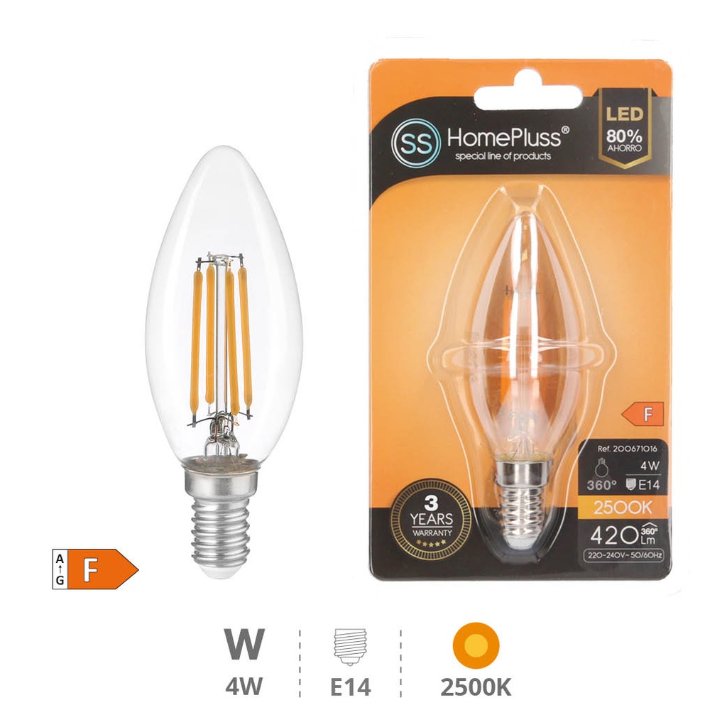 Bombilla LED vela filamento Gold 4W E14 2500K - 12u caja exp
