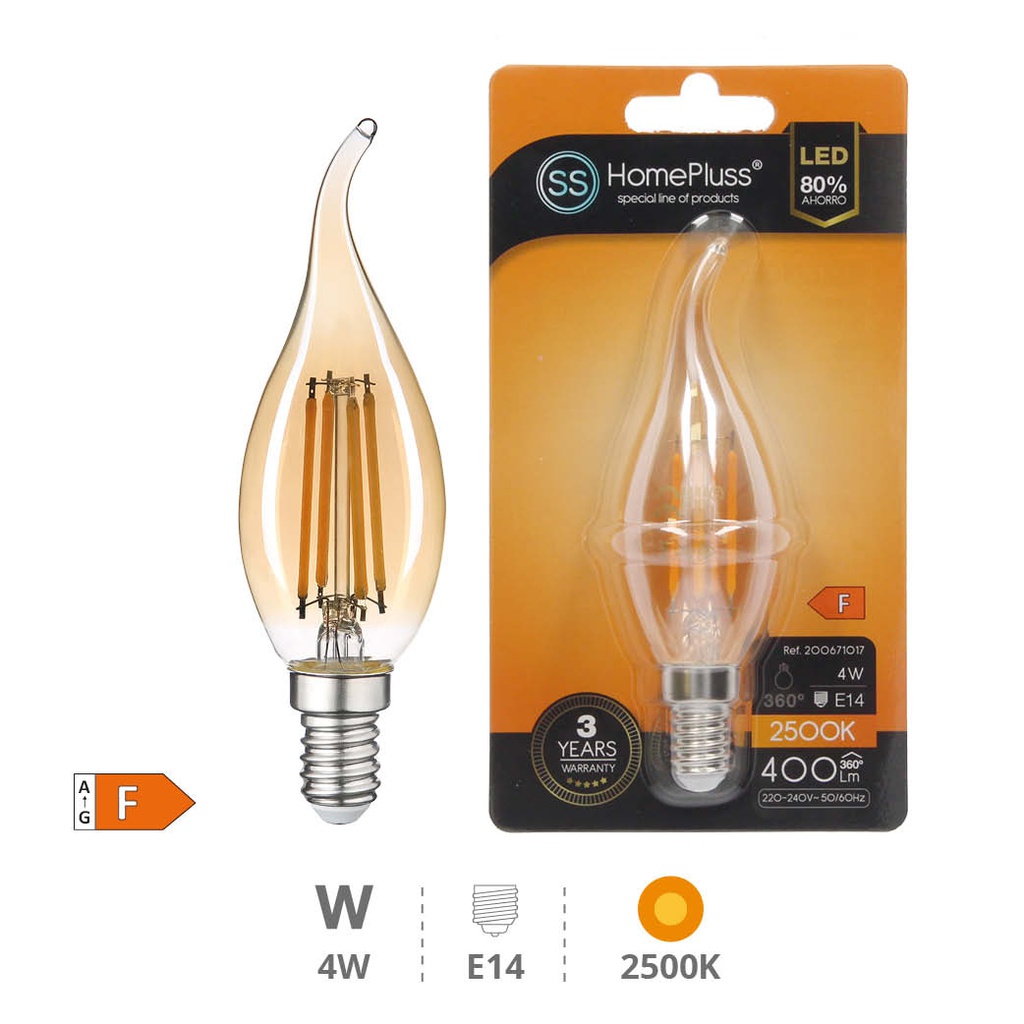 Lâmpada LED vela sopro de vento filamento Gold 4 W E14 2500 K – 12 un. caixa exp